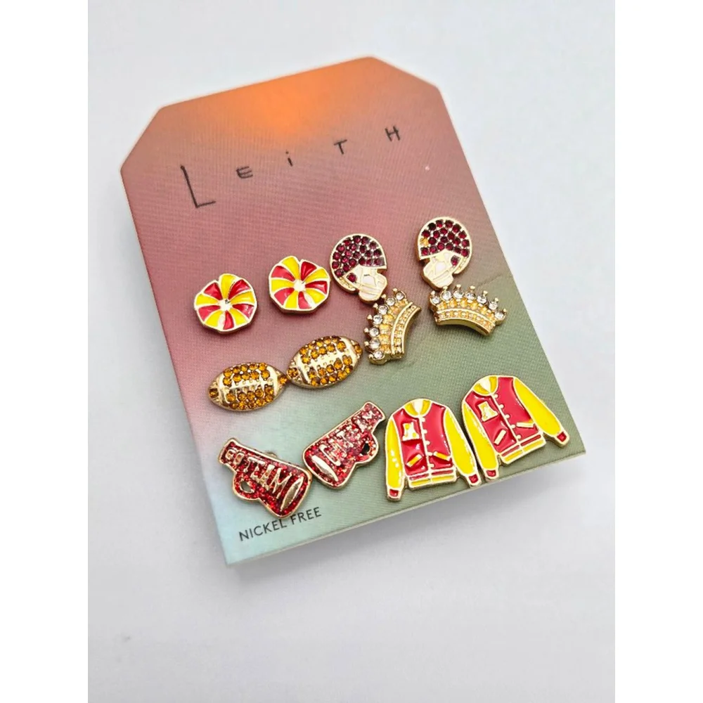 Leith Homecoming Inspired Cute Six Pairs Earrings Red and Gold Stud Earrings NWT